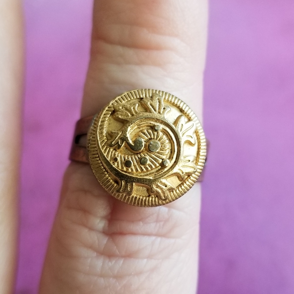 Handmade ring vintage button gold tone adjustable